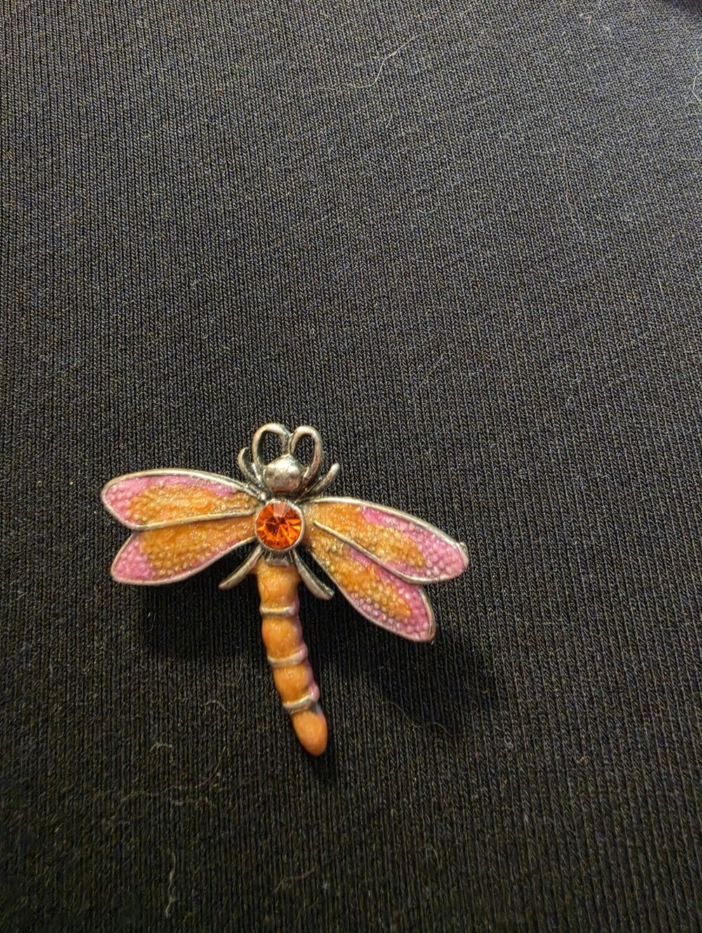 Orange and Pink Dragonfly Brooch with Orange Crystal Accent